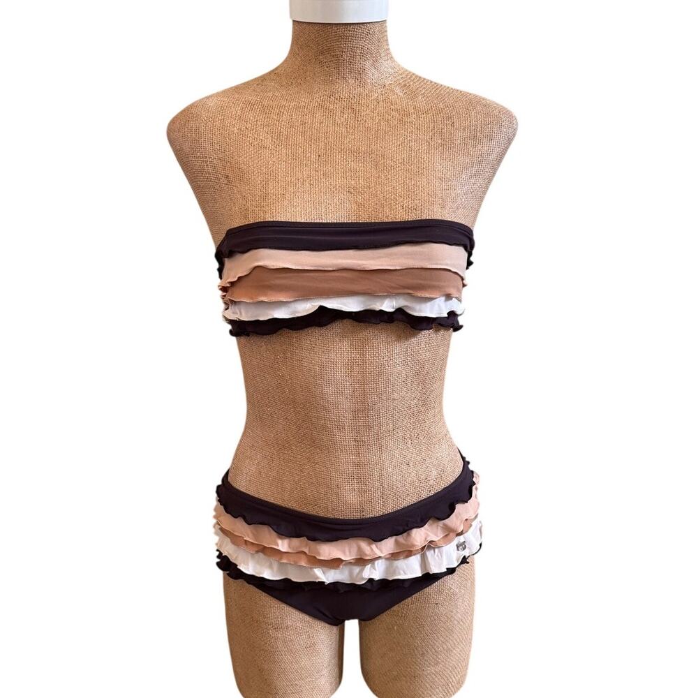 Salvatore Ferragamo Ruffle Bandeau Brown Swim Bathing Suit Sz 38 US US 6 Medium